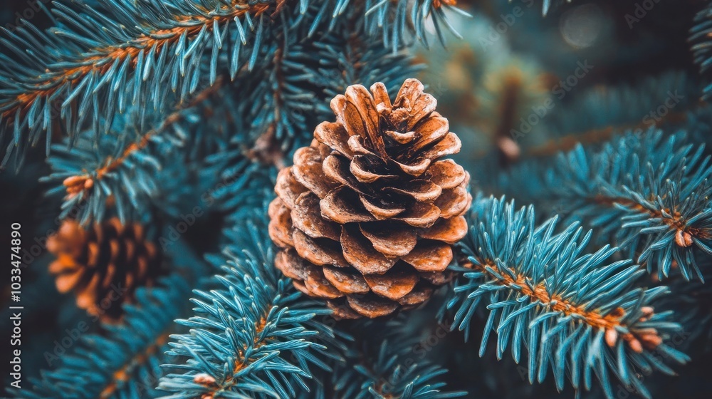 Poster a close-up view of a brown pine cone on a branch of a blue spruce tree.