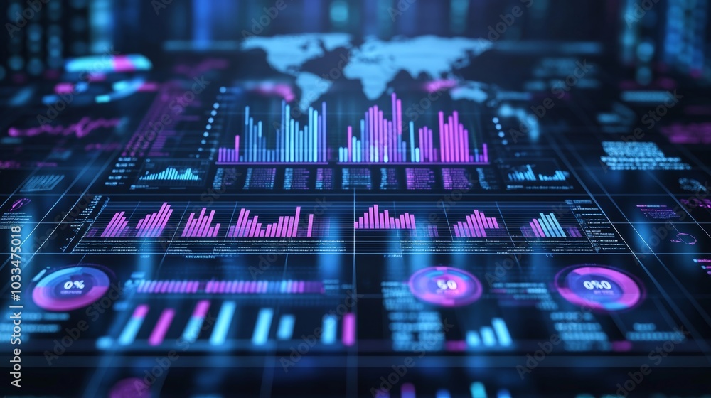 Poster digital dashboard with charts graphs and world map