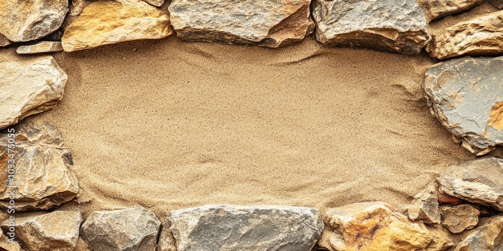 Poster close-up of a stone frame against a sandy background. beach. copy space.