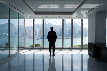 Fototapeta premium Businessman standing in a modern office, looking out at the impressive skyline of hong kong