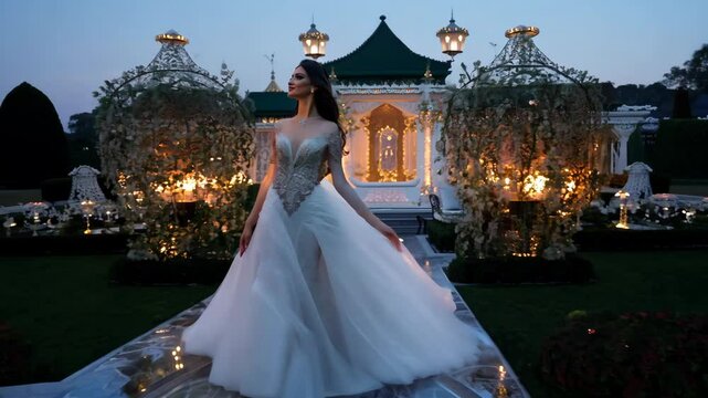 Elegant bridal walk through a beautifully decorated outdoor venue in the evening glow