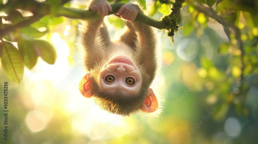 Poster a playful baby monkey hangs upside down from a tree branch, with its eyes wide open and a mischievou