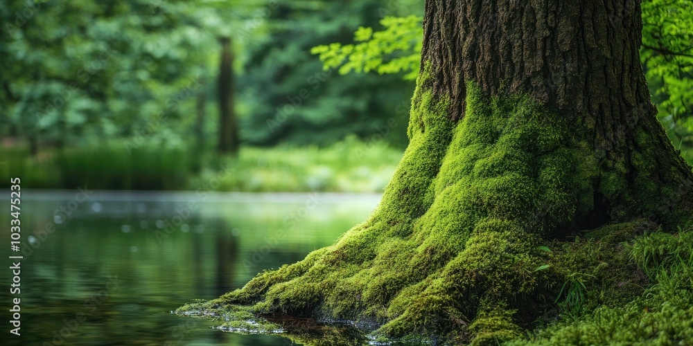 Leinwandbilder close-up view of a tree trunk completely covered in vibrant moss near the pond with ample copy space