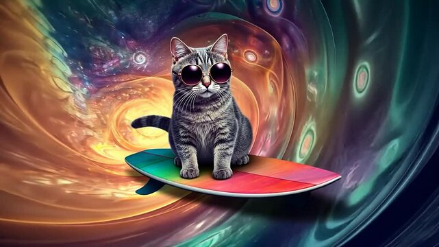 Cosmic surfing cat with stylish sunglasses in abstract space