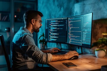 Focused software developer working late at night, illuminated by the glow of his dual monitors displaying code