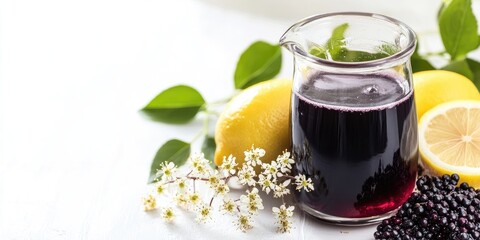 Homemade elderberry flower syrup in a bottle alongside lemonade in a glass, with lemon zest and fresh blossoms set against a white background, copyspace, selected focus.