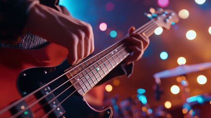 Obraz premium Close-up of a musician playing the bass guitar during a vibrant live performance with colorful lights at a concert venue