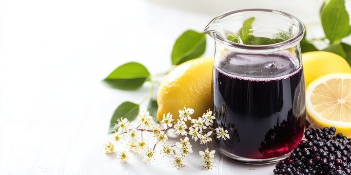 Homemade elderberry flower syrup in a bottle alongside lemonade in a glass, with lemon zest and fresh blossoms set against a white background, copyspace, selected focus.