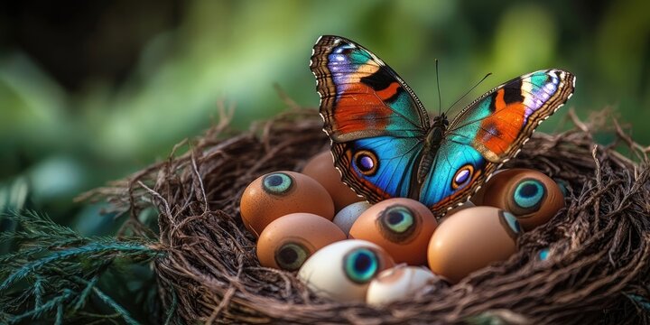 Peacock eye butterfly on the eggs in the basket.