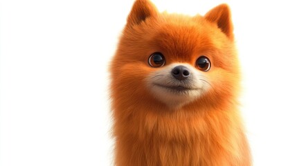 Obraz premium A fluffy, orange Pomeranian dog with big, brown eyes looks directly at the camera with a friendly expression.