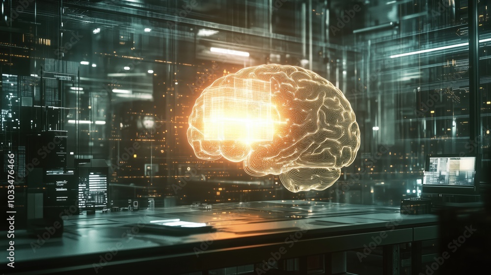 Poster digital brain hologram in futuristic tech environment, glowing circuitry, data visualization