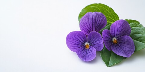 Obraz premium Violet flower alongside green leaf on a white background.