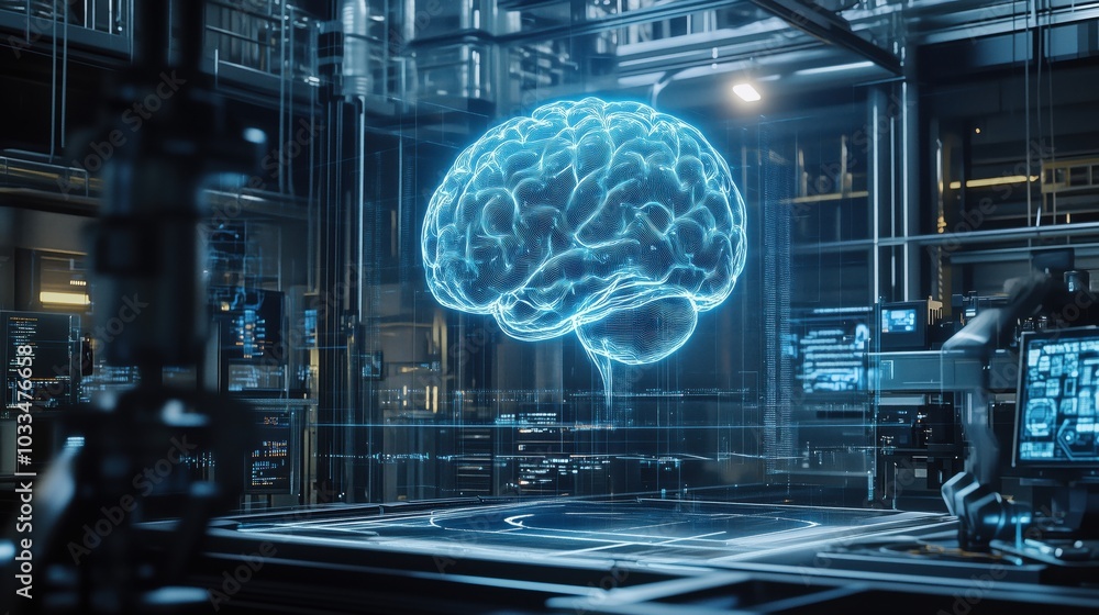 Poster holographic brain display in futuristic lab, advanced technology, digital interface