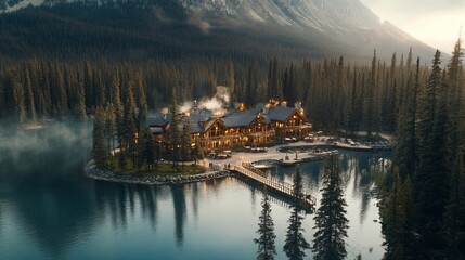 Obraz premium Secluded emerald lake lodge in yoho national park surrounded by majestic rocky mountains and snow-covered pine trees for a stunning winter landscape in the canadian rockies