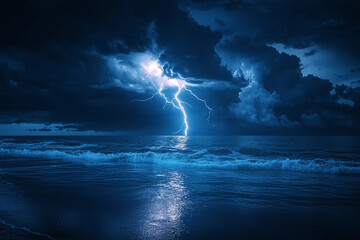 Fototapeta premium Dramatic lightning striking over a tranquil ocean during nighttime