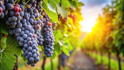Gamay grapes on vines with lush green leaves
