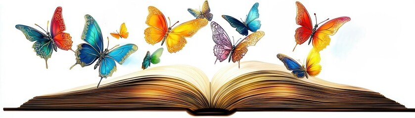 Filigree butterflies flying out of an old book, each butterfly a memory fragment, Fantasy, Warm golden hues, Digital painting