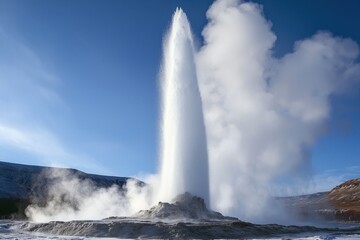A geyser erupts shooting water high into the air against a clear blue sky surrounded by steam and the natural landscape