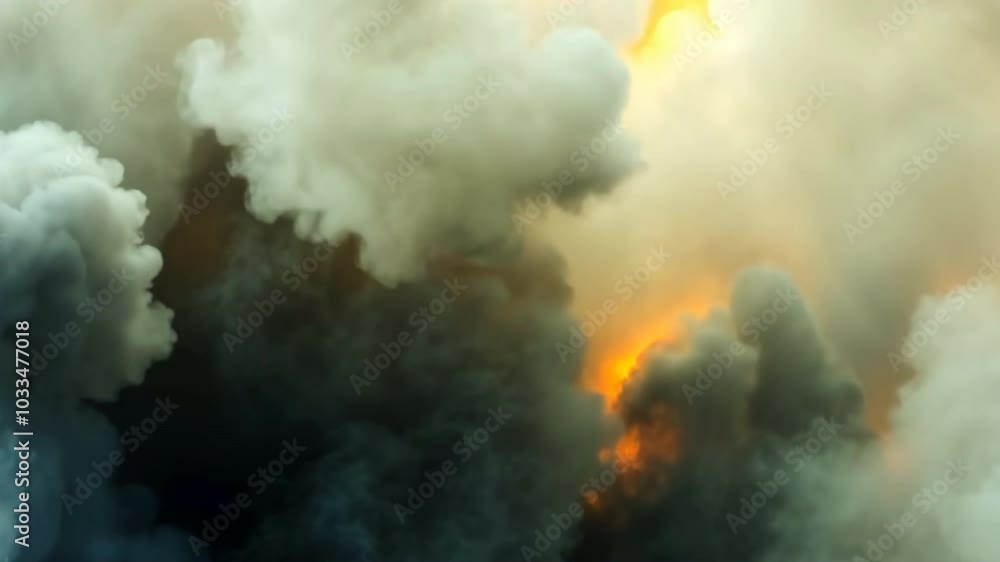 Poster a large cloud of smoke, possibly from a fire, with a mix of white and brown colors. the smoke is bil