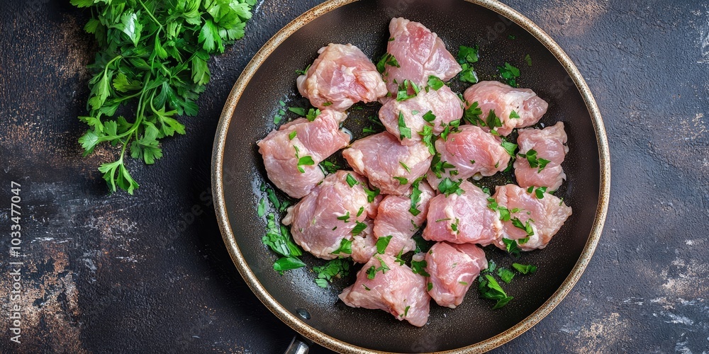 Aufkleber raw chicken meat in a frying pan - cook the meat. food backdrop. top view and copy space.