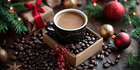 A cup filled with coffee is placed in a Christmas gift box along with coffee beans, presenting coffee as a delightful treat and gift for the holiday, beautifully packaged.