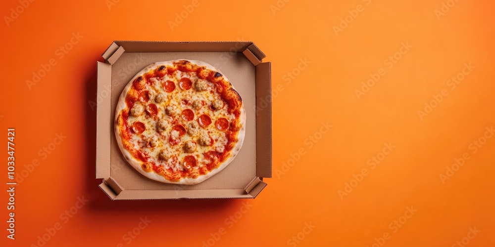 Poster pizza and cheese balls in a paper box, isolated on an orange background. this image comes with a cli