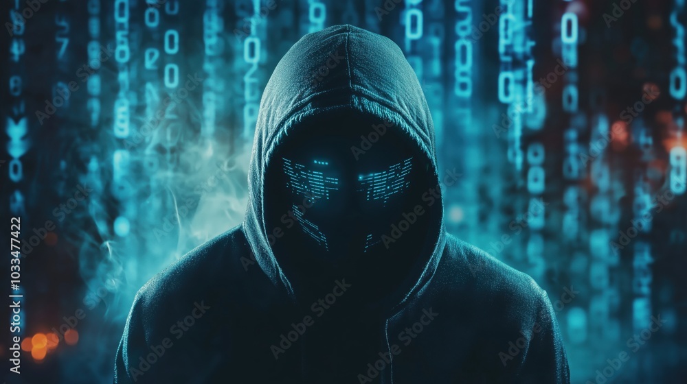 Aufkleber hacker figure with glowing mask, digital code background, mysterious atmosphere