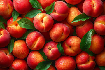 A vibrant heap of fresh peaches arranged with leaves, perfect for summer recipes or fruit displays