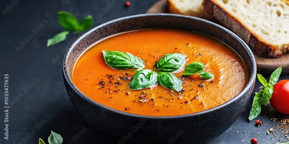 Poster tomato soup with basil and bread in a bowl against a dark background.