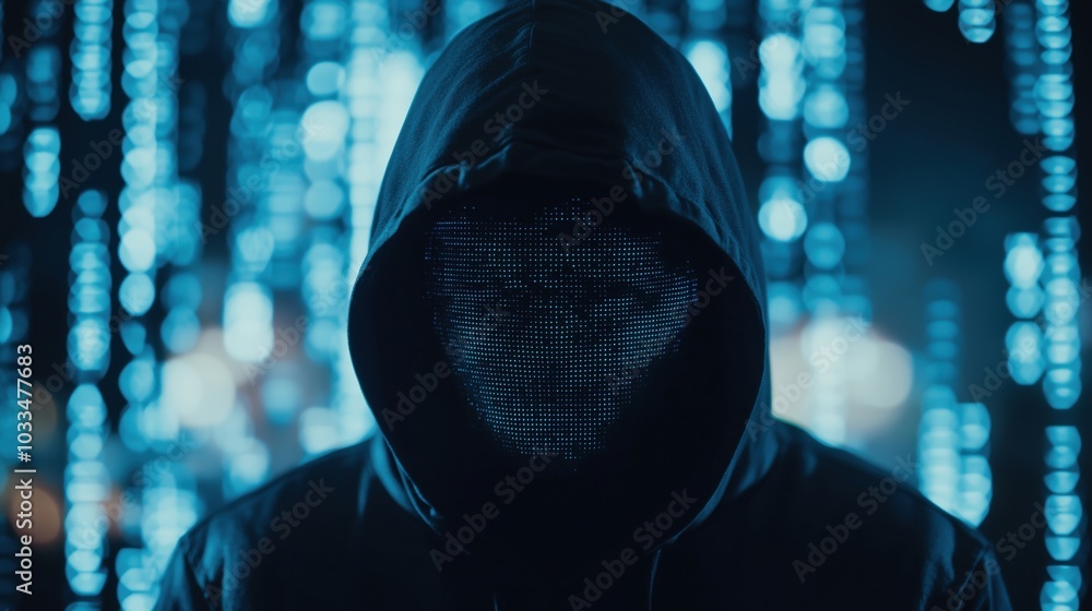 Aufkleber hacker figure with digital mask, glowing binary code background