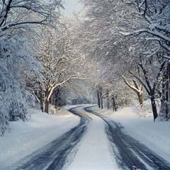 Obraz premium A winding snow-covered road leads through a forest on a sunny winter day. The trees are covered in snow and the road is covered in a thin layer of ice.