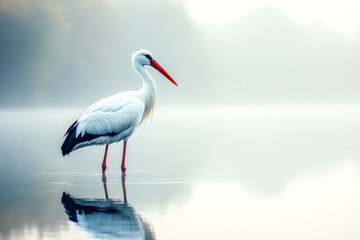 Obraz premium A white stork stands gracefully in a tranquil lake surrounded by misty waters at dawn, reflecting the serene beauty of nature