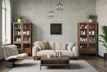 Contemporary living room with a gray sofa on concrete wall background. Modern design solution, 3d render