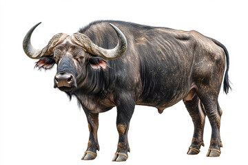 Isolated buffalo standing prominently against a white background, showcasing its sturdy physique and distinct curved horns
