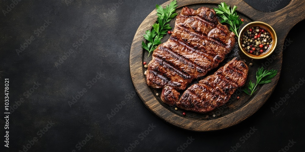 Poster grilled beef steak on a wooden platter with copy space for your text.