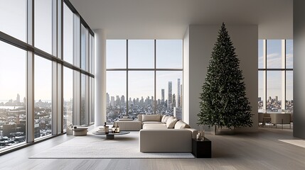 Open-plan living space with modern Christmas decor and large tree, 3D illustration
