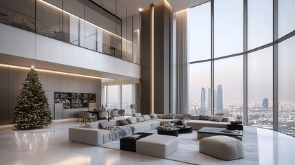 Open-plan living space with modern Christmas decor and large tree, 3D illustration