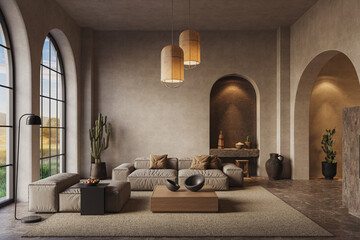 The room features arched walls and windows with neutral stucco walls, illuminated by warm yellow...