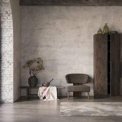 Modern and cozy interior in neutral tones with natural elements like dried plants, concrete wall and old wooden furniture. Rustic interior, 3d render