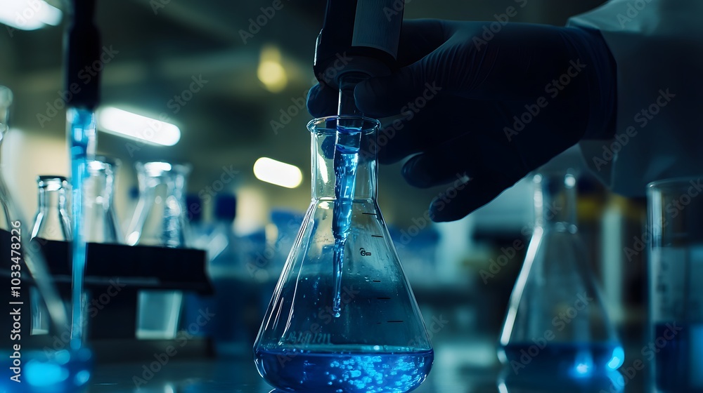 Poster a gloved hand adding blue liquid to a flask in a laboratory