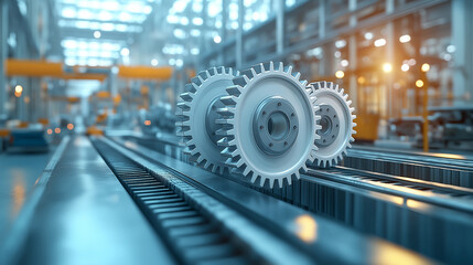 Fototapeta premium Illustration of industrial factory interior. Set of icons with three big gears on one side. Factory machinery. In vector format.