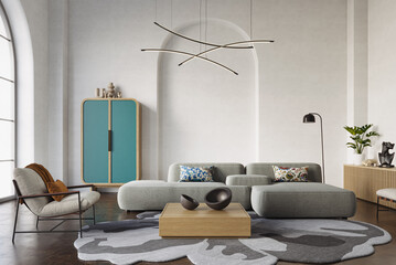 Contemporary interior design featuring a cozy sofa and wooden furniture against an arched white...