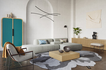 Contemporary interior design featuring a cozy sofa and wooden furniture against an arched white...