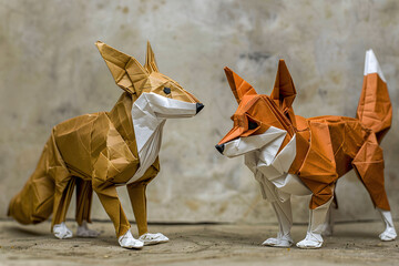Two Origami Foxes Standing Opposite Each Other on a Wooden Surface.