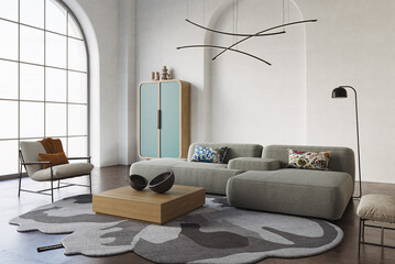 Contemporary interior design featuring a cozy sofa and wooden furniture against an arched white wall background, 3d render
