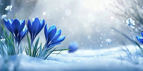 Dark blue crocus flowers in spring beneath the snow, with copy space on a blurred garden background.