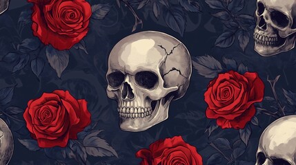 Skulls and red roses pattern, dark background, intricate design, gothic style
