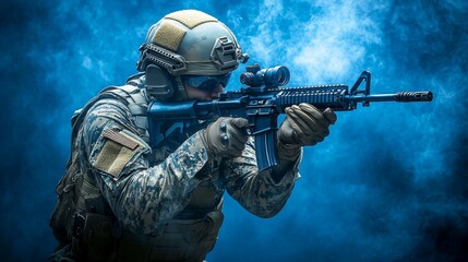 Soldier in Camouflage Aiming Rifle with Blue Smoke Background