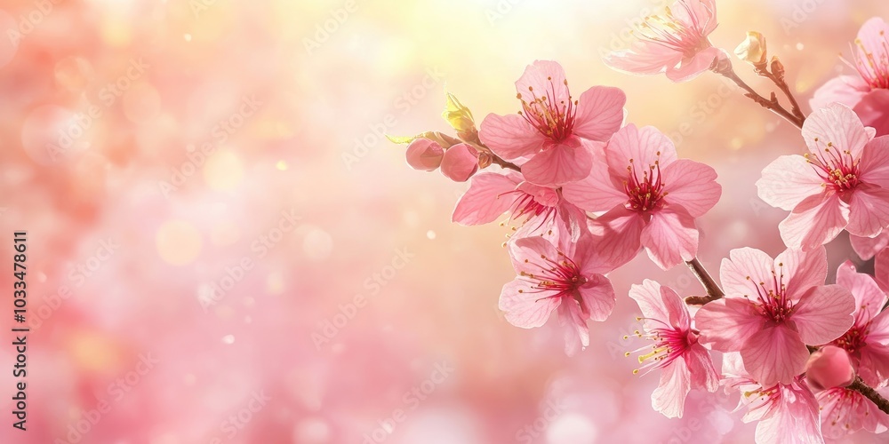 Poster Horizontal banner featuring pink sakura flowers against a sunny background. A lovely spring nature backdrop with a branch of blooming sakura. Copy space for text.