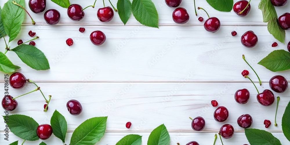 Canvas Prints A frame of sweet, juicy cherries and leaves on a white wooden table, viewed from above. Space for text.